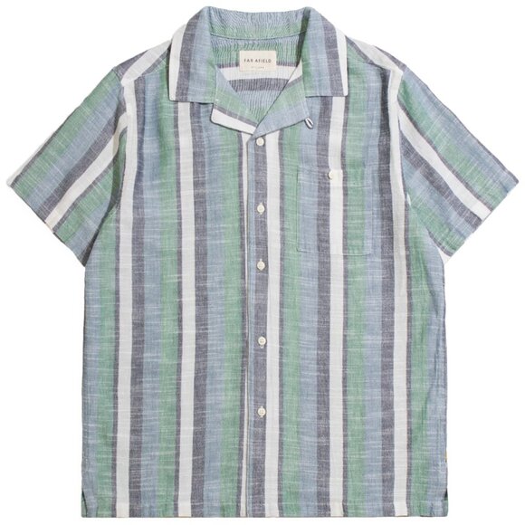 Far Afield Navy/ Green Stripe Selleck Shirt -NWT - Picture 1 of 5